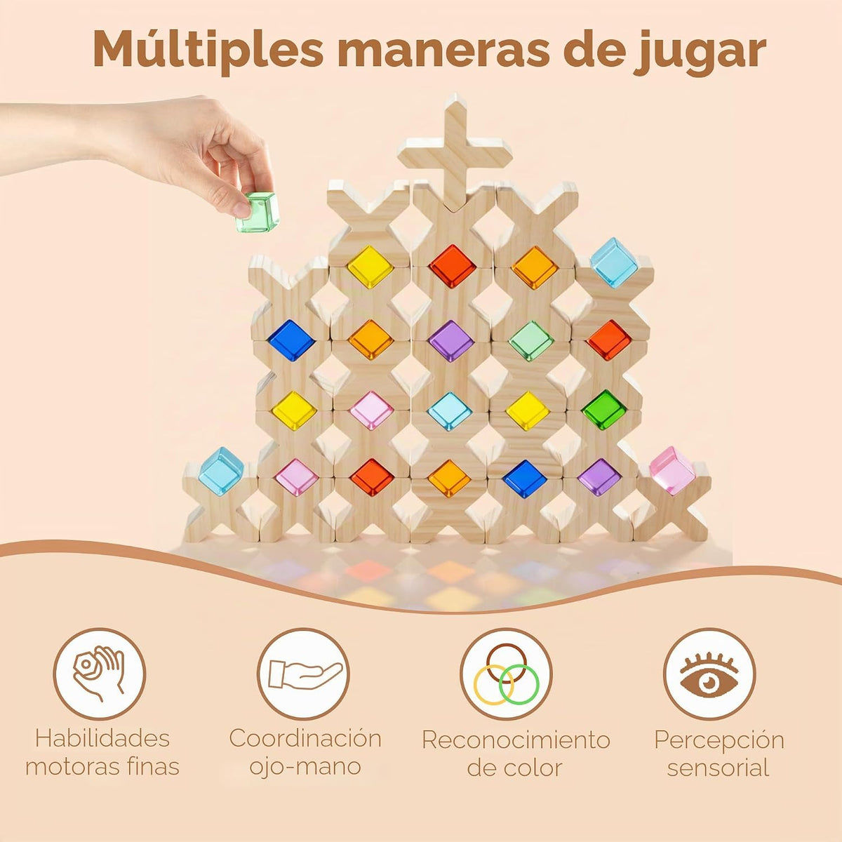 Woodtoe Juego de 80 bloques de construcción de arcoíris, bloques de madera