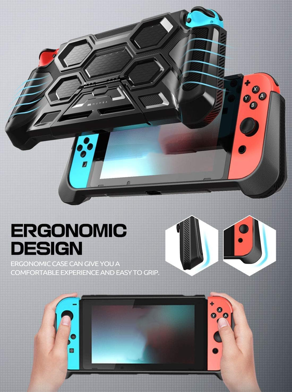 Mumba Funda protectora para Nintendo Switch 1 (versión 2017), [Battle Series] [Soporte integrado] Funda de agarre resistente para consola Nintendo Switch con cómodos agarres acolchados (negro)