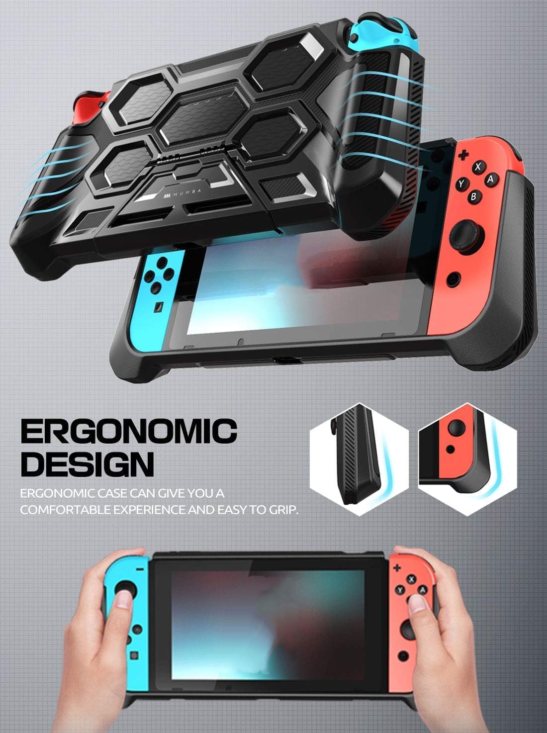 Mumba Funda protectora para Nintendo Switch 1 (versión 2017), [Battle Series] [Soporte integrado] Funda de agarre resistente para consola Nintendo Switch con cómodos agarres acolchados (negro)