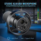 FIFINE Mezclador de audio para juegos y paquete de micrófono dinámico XLR/USB, mezclador RGB de 4 canales para transmisión con interfaz de micrófono XLR, alimentación fantasma de 48V para juego, voz