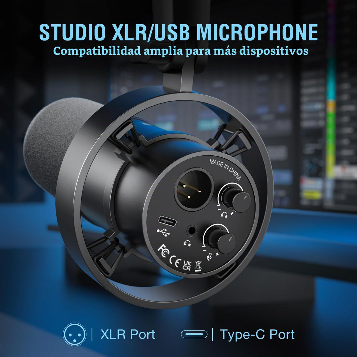 FIFINE Mezclador de audio para juegos y paquete de micrófono dinámico XLR/USB, mezclador RGB de 4 canales para transmisión con interfaz de micrófono XLR, alimentación fantasma de 48V para juego, voz