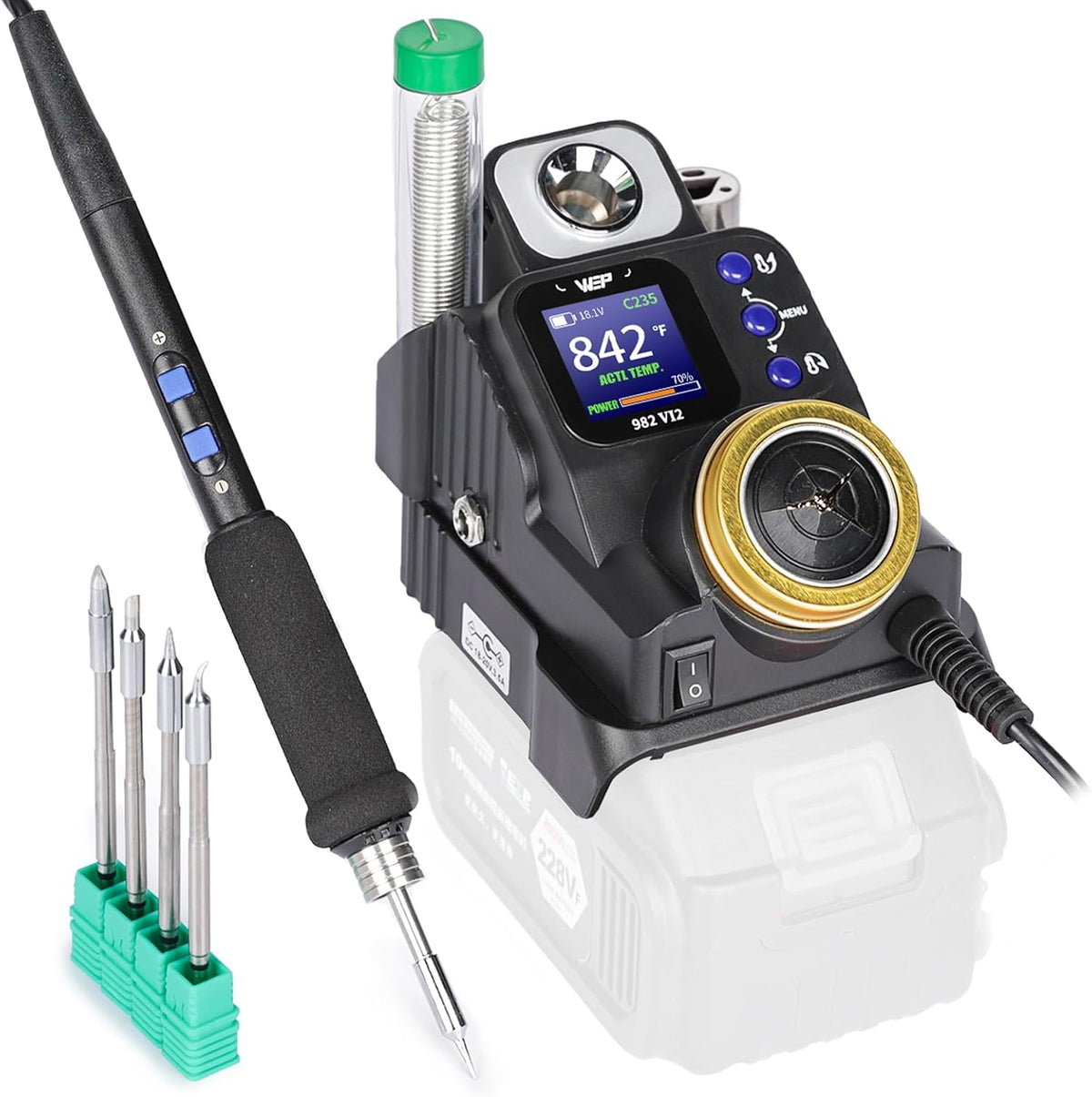 WEP 982-VI 2 Estación de soldadura inalámbrica para batería Makita de 20V, kit de soldador con soporte integrado, limpiador de puntas, conversión °C-°F, modo de reposo, 5 puntas compatibles C235
