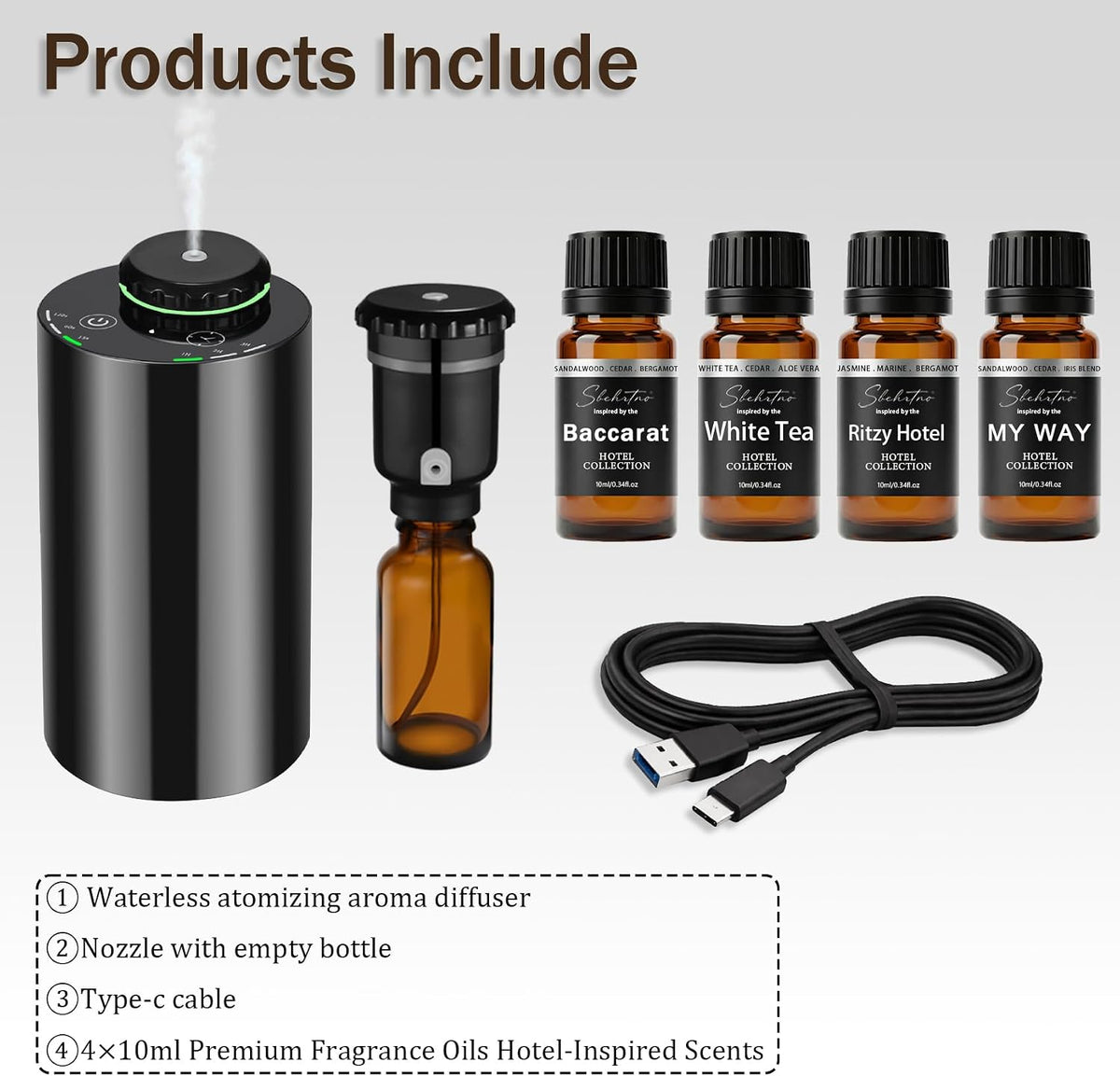 Kit de difusor de aroma de hotel, difusor de aceite esencial sin agua con 4 aceites de fragancia de lujo, difusor de aroma de aire frío para el hogar, dormitorio, oficina y automóvil (kit difusor de