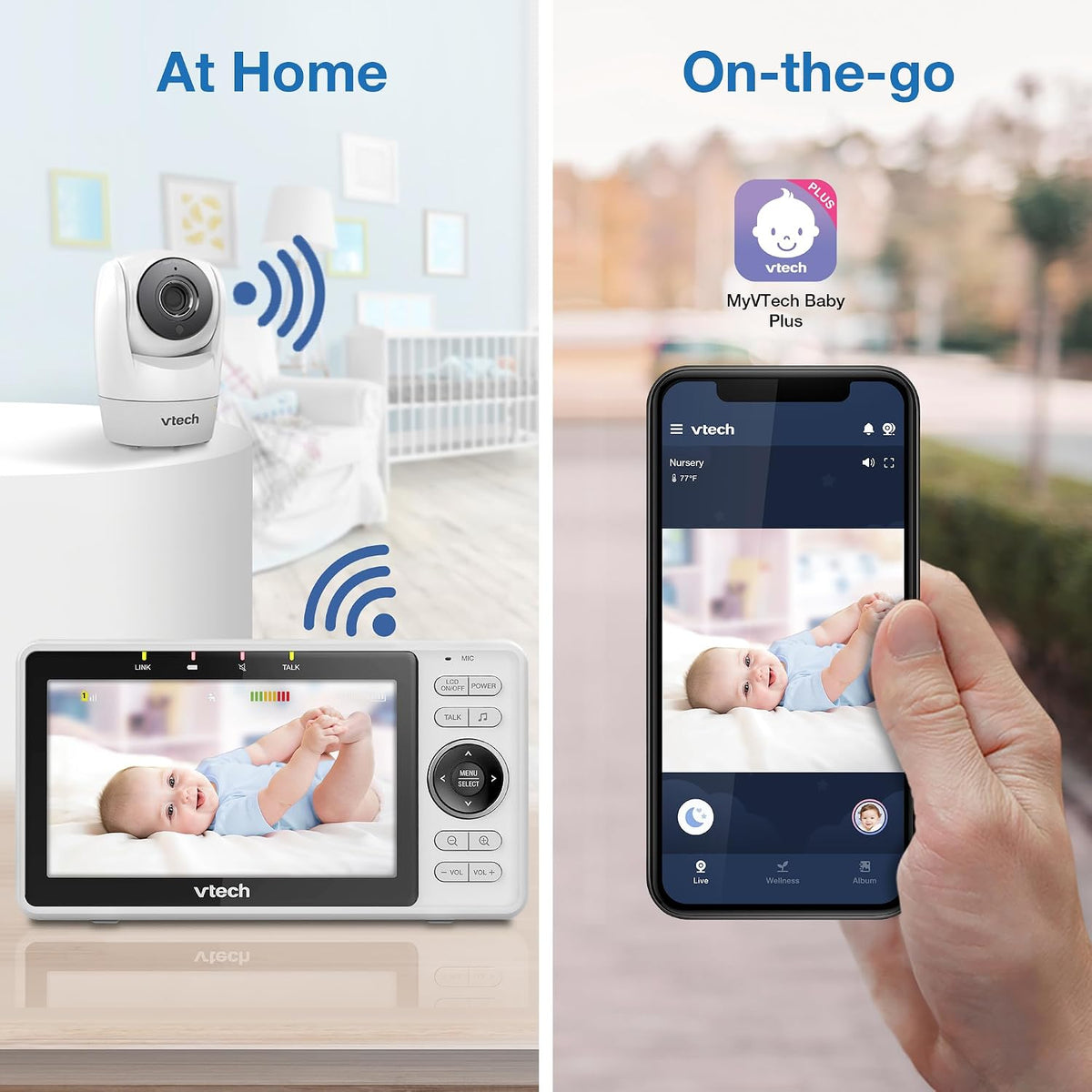 VTech Monitor inteligente WiFi para bebés: mira a tu bebé en casa o desde cualquier lugar, aplicación gratuita, cámara de 1080p, pantalla de 5 pulgadas, zoom panorámico, visión nocturna