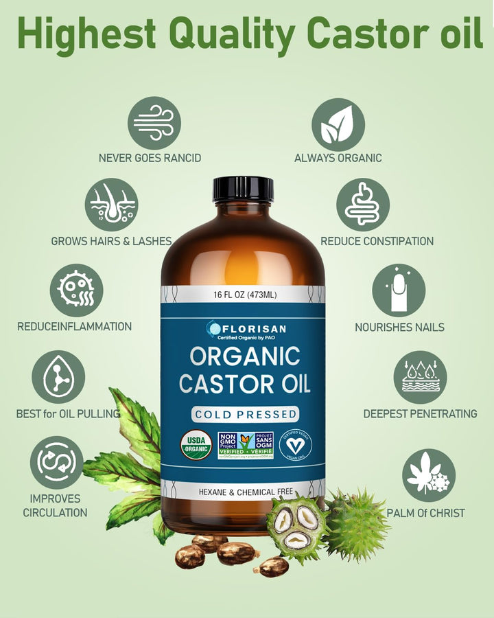 Florisan Aceite de ricino orgánico certificado USDA Botella de vidr...
