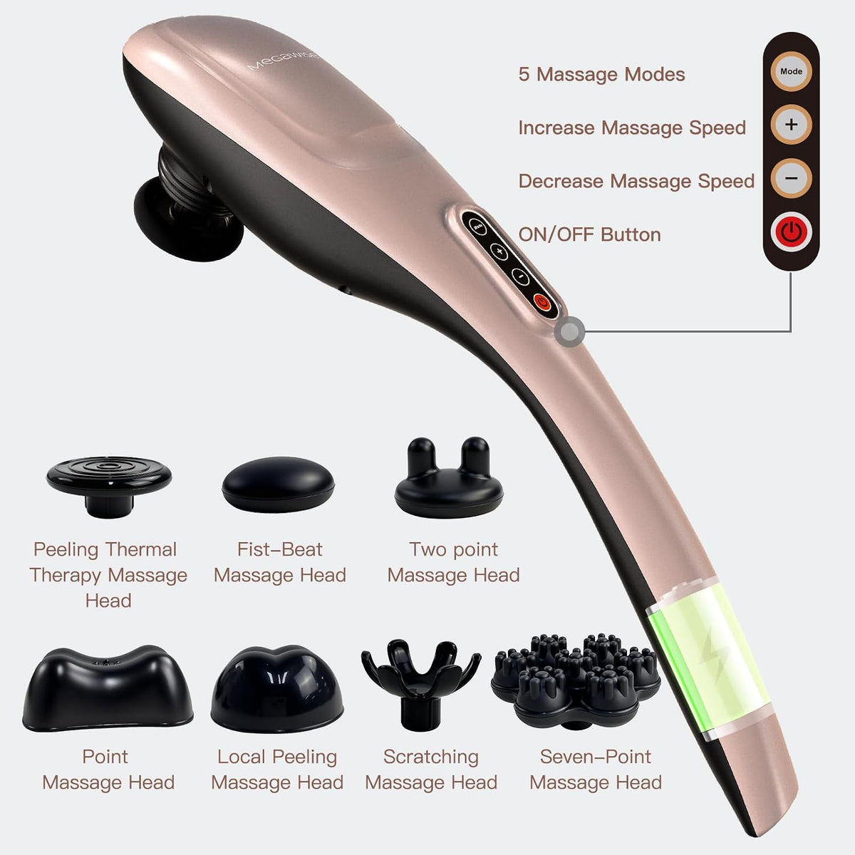 MEGAWISE Masajeador de espalda inalámbrico de mano con batería recargable de 3200 mAh, 5 velocidades y 5 + 2 nodos de masaje con nodos de silicona duros, medios y 2 suaves; masajea mientras te mueves
