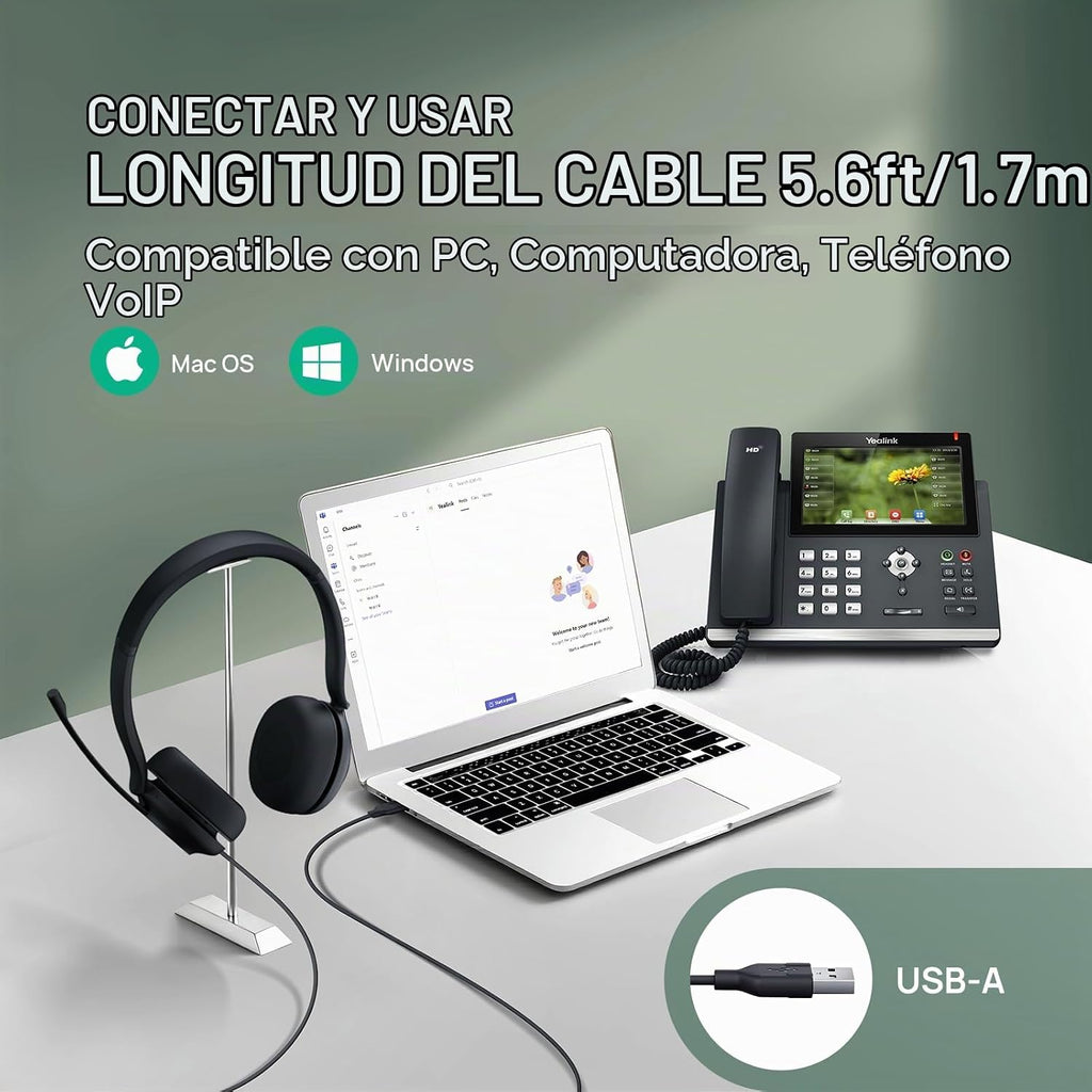 Yealink Auriculares USB UH35 para PC, Auriculares con Cable con Micrófono de Cancelación de Ruido, Certificado para Teams, Diseño de Comodidad Todo el Día, Auriculares Estéreo para Reuniones en Línea