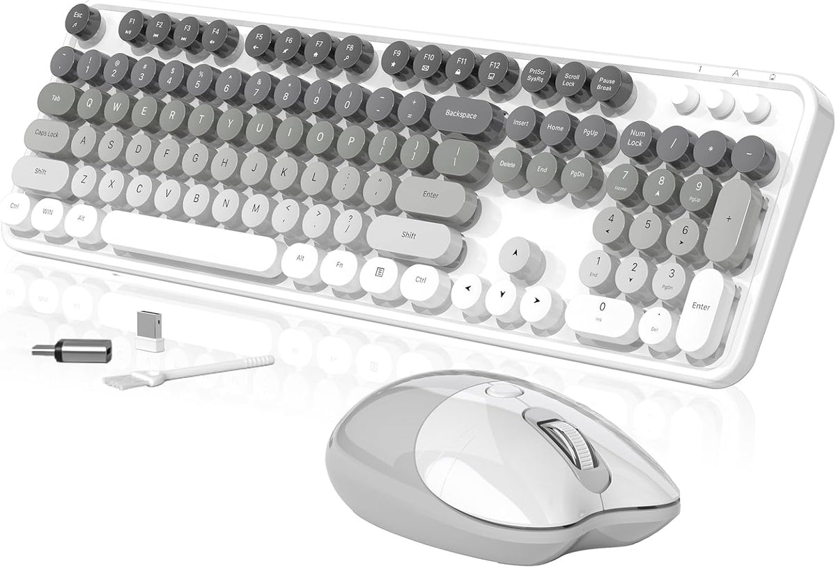 Teclado y ratón inalámbricos cremosos, MOFII 104 teclas redondas de...