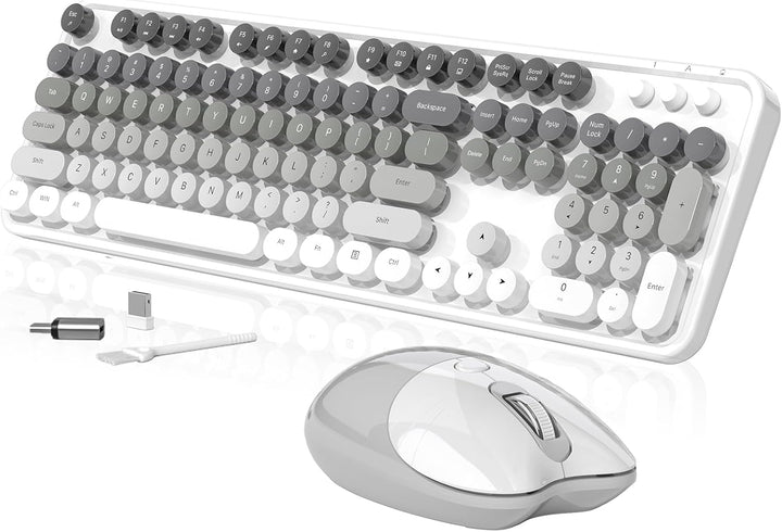 Teclado y ratón inalámbricos cremosos, MOFII 104 teclas redondas de...