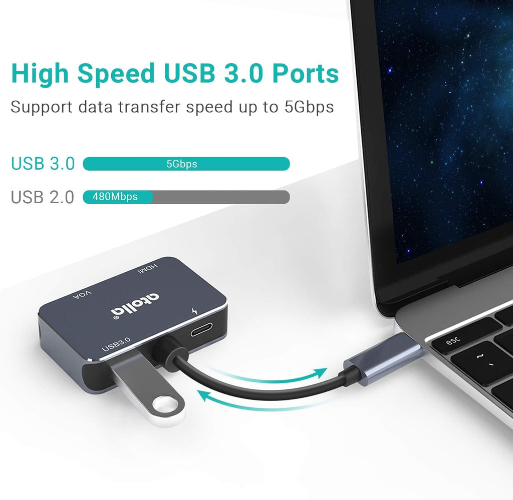 Atolla Adaptador USB C a HDMI 4K a 30Hz - Puertos de alta velocidad VGA y USB 3.0 de 1080P + PD de 60 W para MacBook Pro y más dispositivos tipo C
