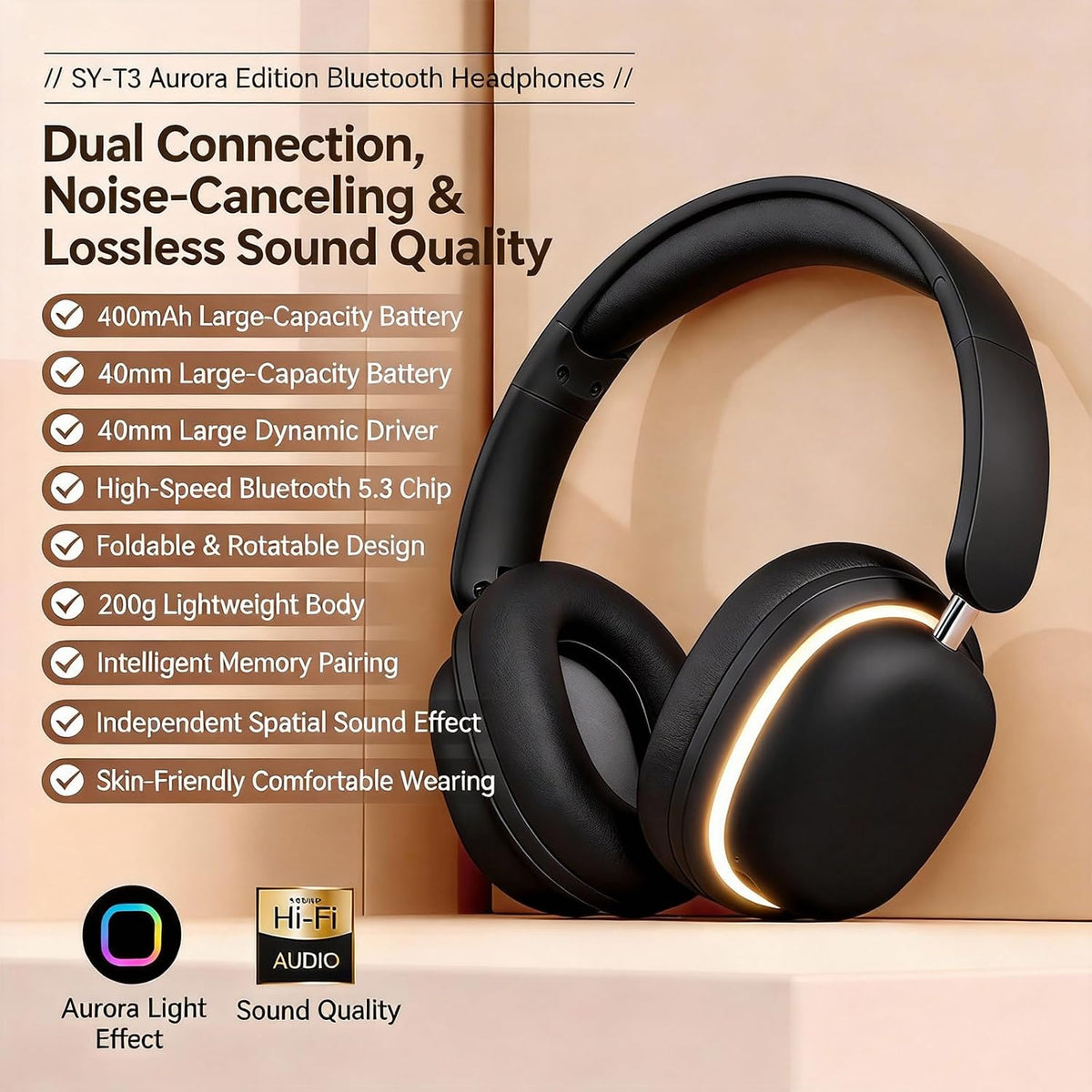 Auriculares inalámbricos Bluetooth sobre la oreja con chip 5.3, tiempo de reproducción de 20 horas, controladores de 1.575 in, diseño plegable y ligero, iluminación RGB, micrófono dual para