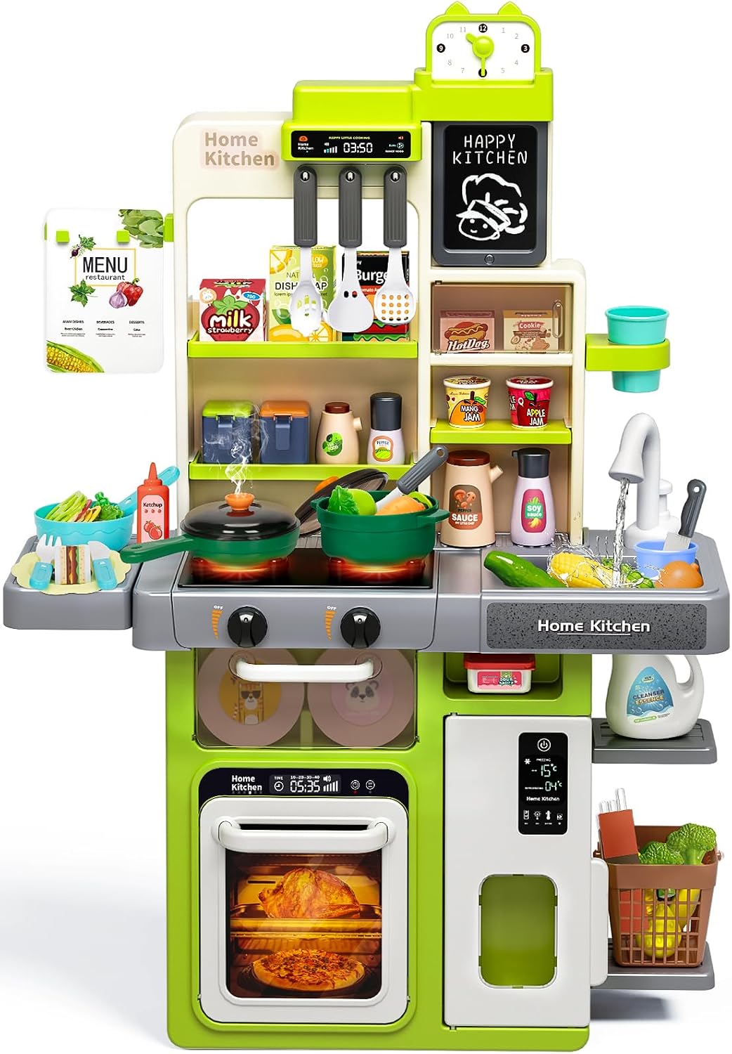 Juego de cocina para niños, juego de cocina para niños pequeños con sonido y luz, estufa de cocina con vapor, fregadero de juegos, juguete de comida y accesorios de cocina, juguete de cocina para niños y niñas (31.5 x 22 x 8.6 pulgadas)
