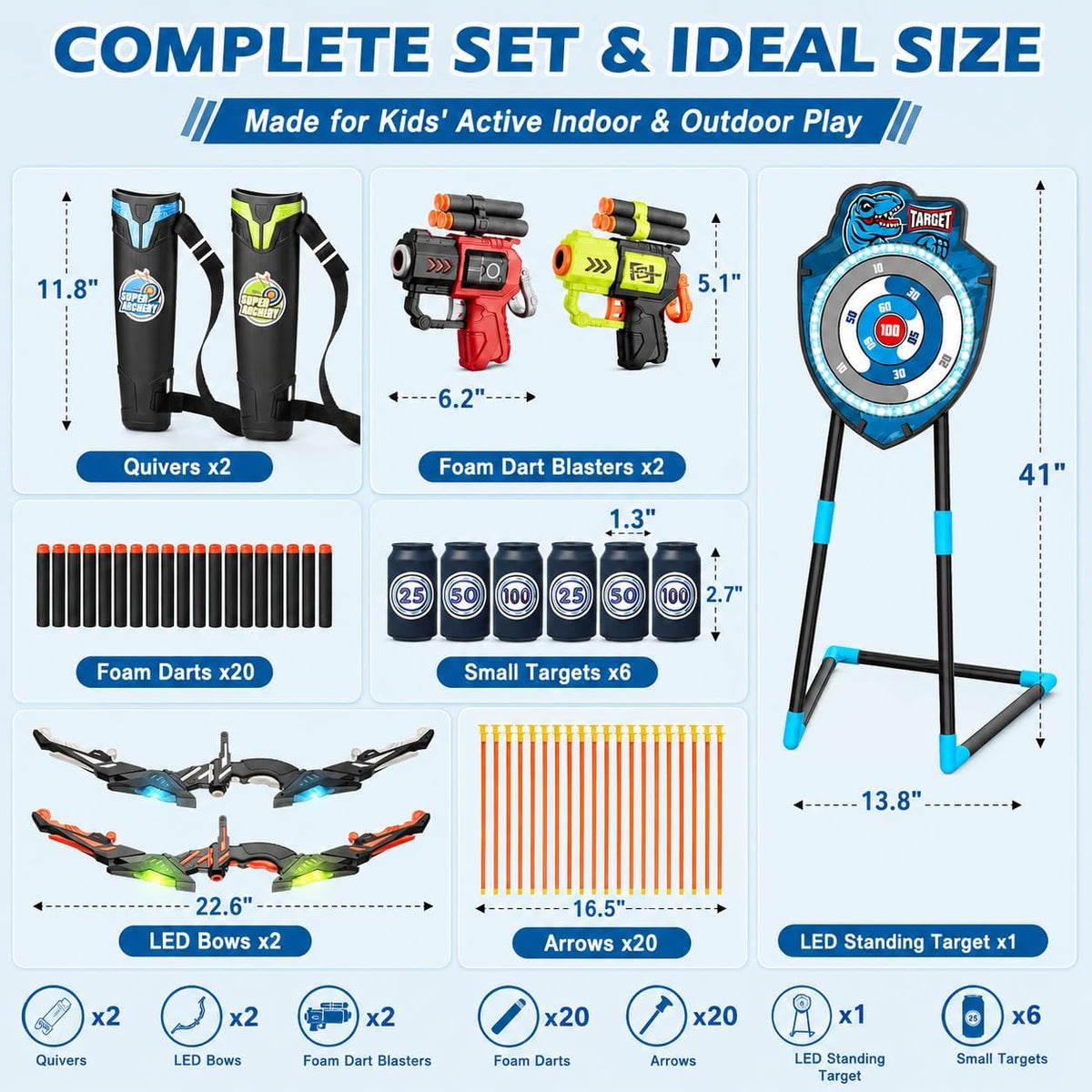 Juego de 2 arcos y flechas LED para niños con objetivo de pie, 20 flechas de ventosa, 2 carcajes y dardos de espuma, juguete de tiro con arco para interiores y exteriores, regalo para niños y niñas de 3 a 12 años