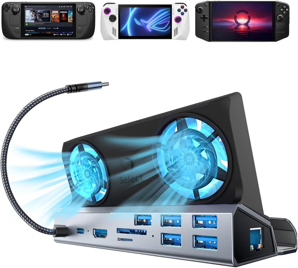 Estación de acoplamiento 10 en 1 para Steam Deck OLED y ROG Ally X y Legion Go & Switch 2, ventilador de refrigeración dual 5 puertos USB, HDMI 2.0 4K a 60Hz, puerto de carga de 100 W compatible con modo ROG Ally 30W, Gigabit Ethernet, SD/TF