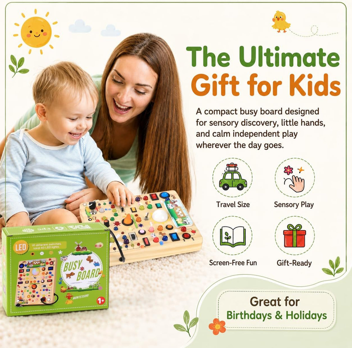 Tablero de actividades con 19 interruptores de luz LED, juguetes Montessori para niños de 1, 2, 3 años, tablero sensorial de madera, juguetes de viaje para niños y niñas de 1, 2, 3 años, regalo de
