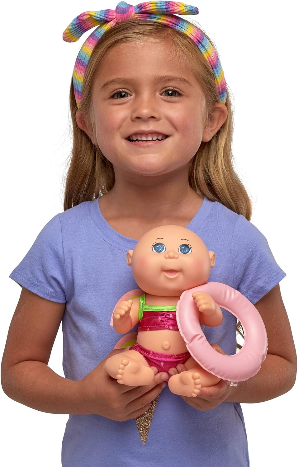 Parche de repollo para niños en la playa, pequeño, con flotador de juguete rosa, cubo y pala y sandía – muñecas CPK de 9 pulgadas – crece tu parche de repollo – juega dentro o fuera del agua, multi
