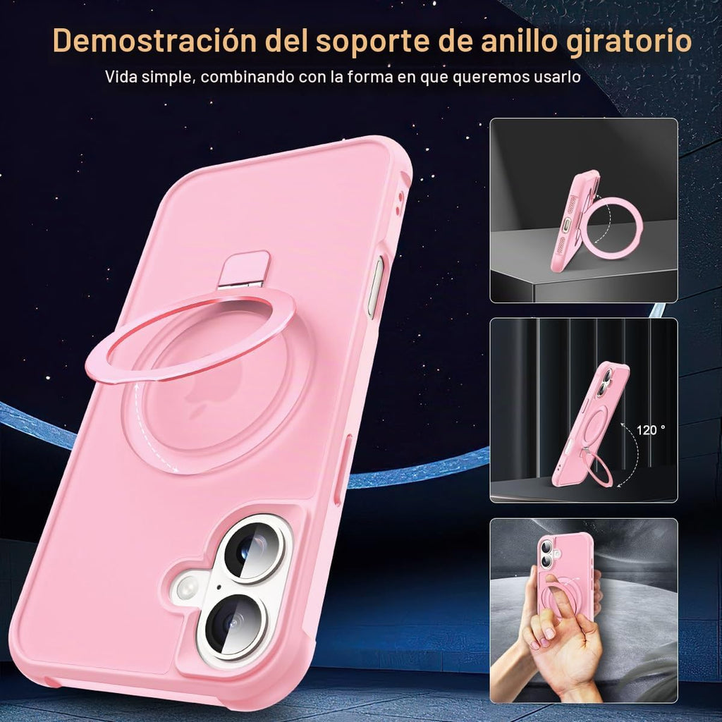 SKYLMW - Funda compatible con iPhone 16 con soporte magnético invisible tipo anillo, funda de grado militar para iPhone 16 de 6.1 pulgadas, compatible con MagSafe, gran sensación de agarre, rosa