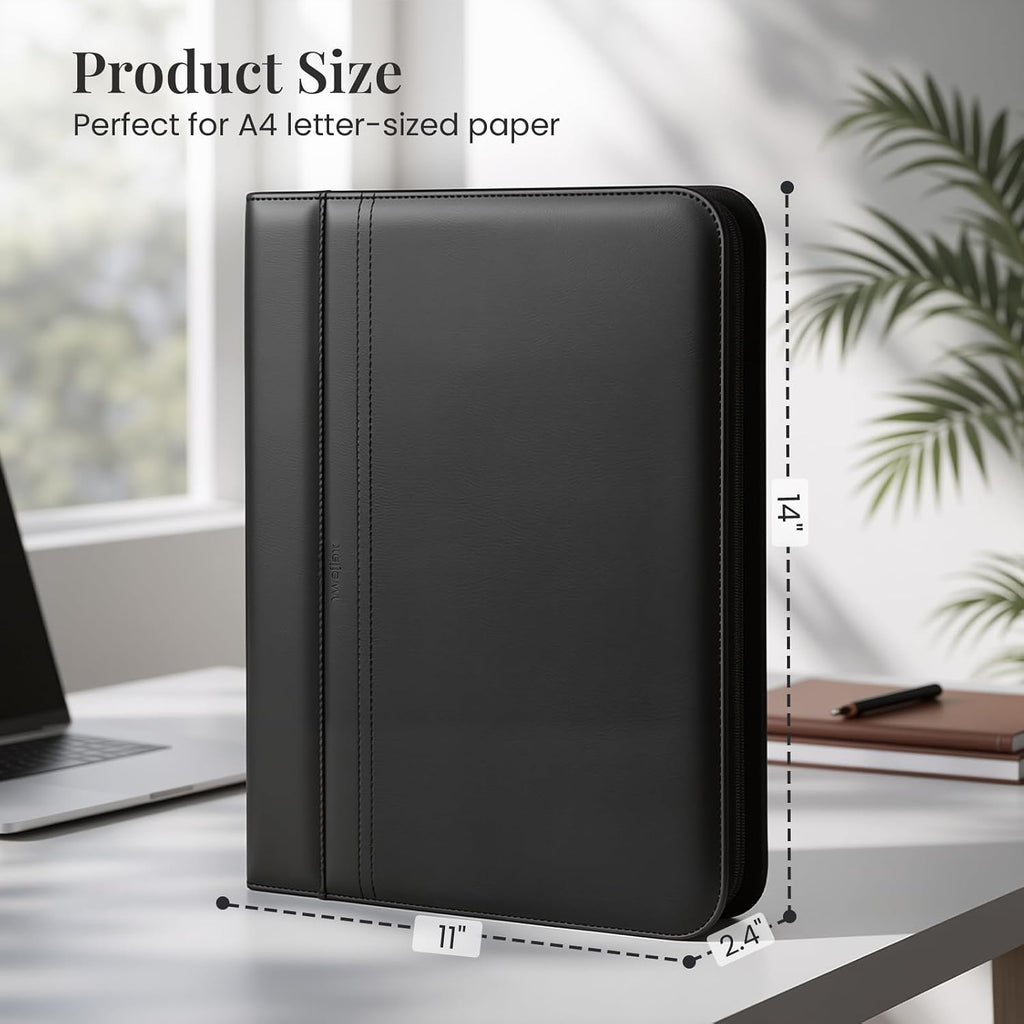 Carpeta de piel sintética con asa y calculadora solar, organizador de carpetas de 3 anillos con cremallera con bloc de notas y portapapeles, cuaderno profesional de currículum de negocios para