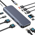 Estación de acoplamiento USB C 3 HDMI, estación de acoplamiento 12 en 1, pantalla triple, base para monitor doble, concentrador USB-C 3 HDMI para portátil con 10 Gbps, Ethernet, USB A/C 3.1, USB 2.0, 100 W PD, audio y micrófono, SD