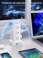 Torre de tira de alimentación con múltiples tomas, protector de sobretensión de enchufe plano, cable de extensión con 12 salidas de CA, 4 puertos USB (2 USB C), cable de 6 pies, protector contra