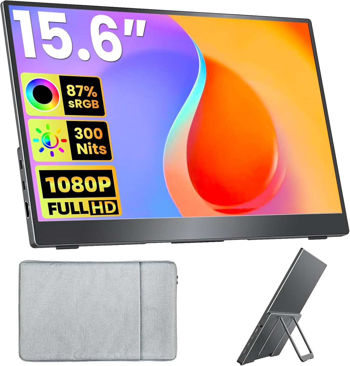 Upperizon Monitor portátil de 15.6 pulgadas FHD 87% sRGB 60Hz IPS HDR HDMI USB-C Monitor de viaje para laptop, MacBook, PC, Surface PS5 Xbox, pantalla externa con soporte y altavoces, compatible con VESA