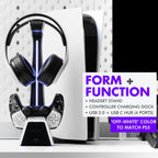 Soporte para auriculares y controlador para juegos | Accesorios premium para PS5 (espacio limpio con estación de carga) Soporte para auriculares y controlador para escritorio, PlayStation 5, Xbox Game,