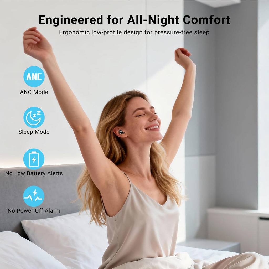 Auriculares para dormir T33, Bluetooth 6.0 con cancelación de ruido para dormir de lado, ANC hasta el 98 %, modo de sueño, tiempo de reproducción de 48 horas, auriculares pequeños