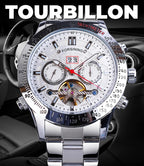 FORSINING Reloj Mecánico Tourbillon de Cuerda Automática para Hombre, Día Fecha Mes Calendario Completo, Taquímetro Luminoso Relojes Automáticos Multifuncionales, Reloj de Pulsera con Correa de Acero