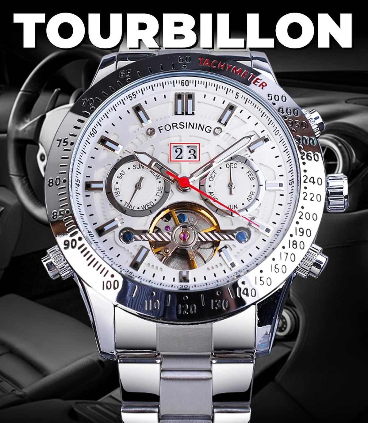 FORSINING Reloj Mecánico Tourbillon de Cuerda Automática para Hombre, Día Fecha Mes Calendario Completo, Taquímetro Luminoso Relojes Automáticos Multifuncionales, Reloj de Pulsera con Correa de Acero