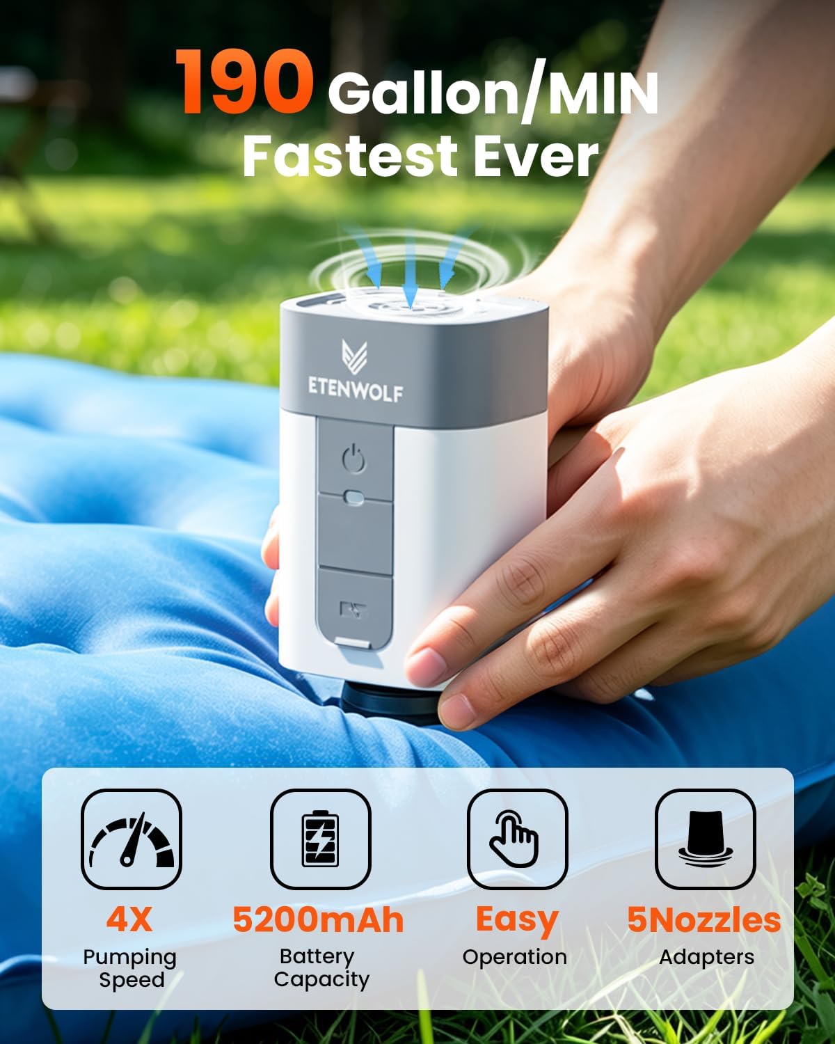 ETENWOLF AIR 5 - Bomba de aire para inflables, bomba de aire eléctrica portátil con batería de 5200 mAh, inflador rápido y desinflador 4X, bomba de 4.5 kPa y 720 L/min para flotadores de piscina