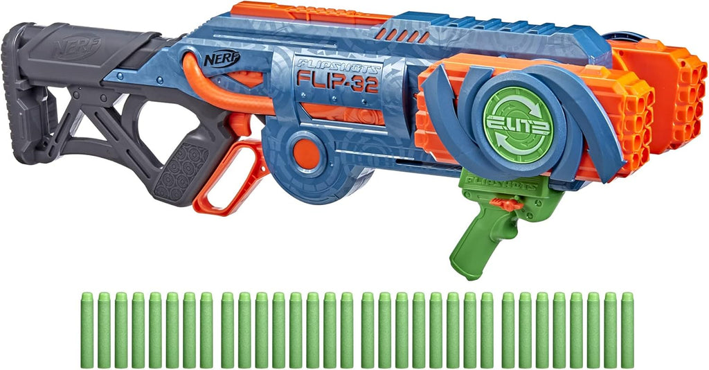 Nerf Elite 2.0 Flipshots Flip-32 Blaster con 32 cañones de dardos que se voltean para duplicar tu potencia de fuego, capacidad de 32 dardos, 32 dardos Elite