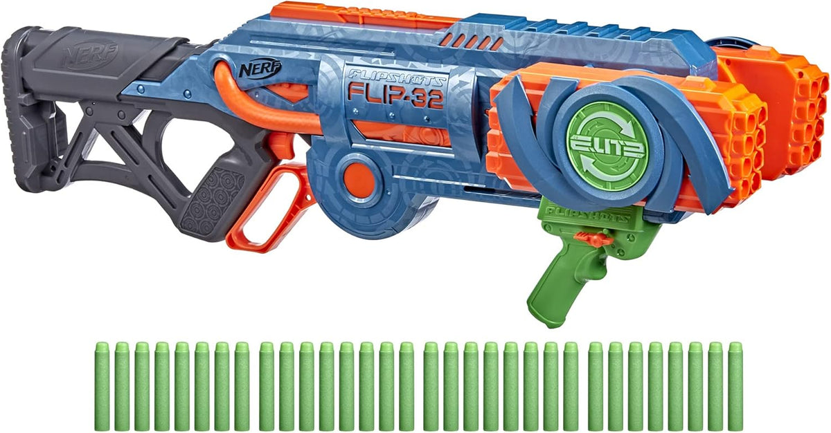 Nerf Elite 2.0 Flipshots Flip-32 Blaster con 32 cañones de dardos que se voltean para duplicar tu potencia de fuego, capacidad de 32 dardos, 32 dardos Elite