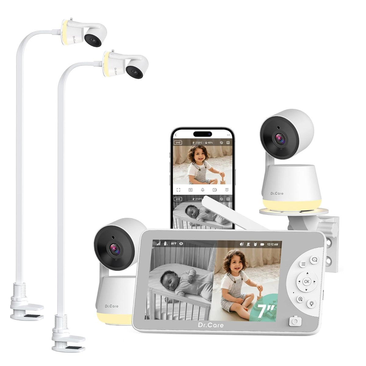 Dr.Care LumiView Max Monitor de bebé WiFi inteligente de 7" con 2 c...