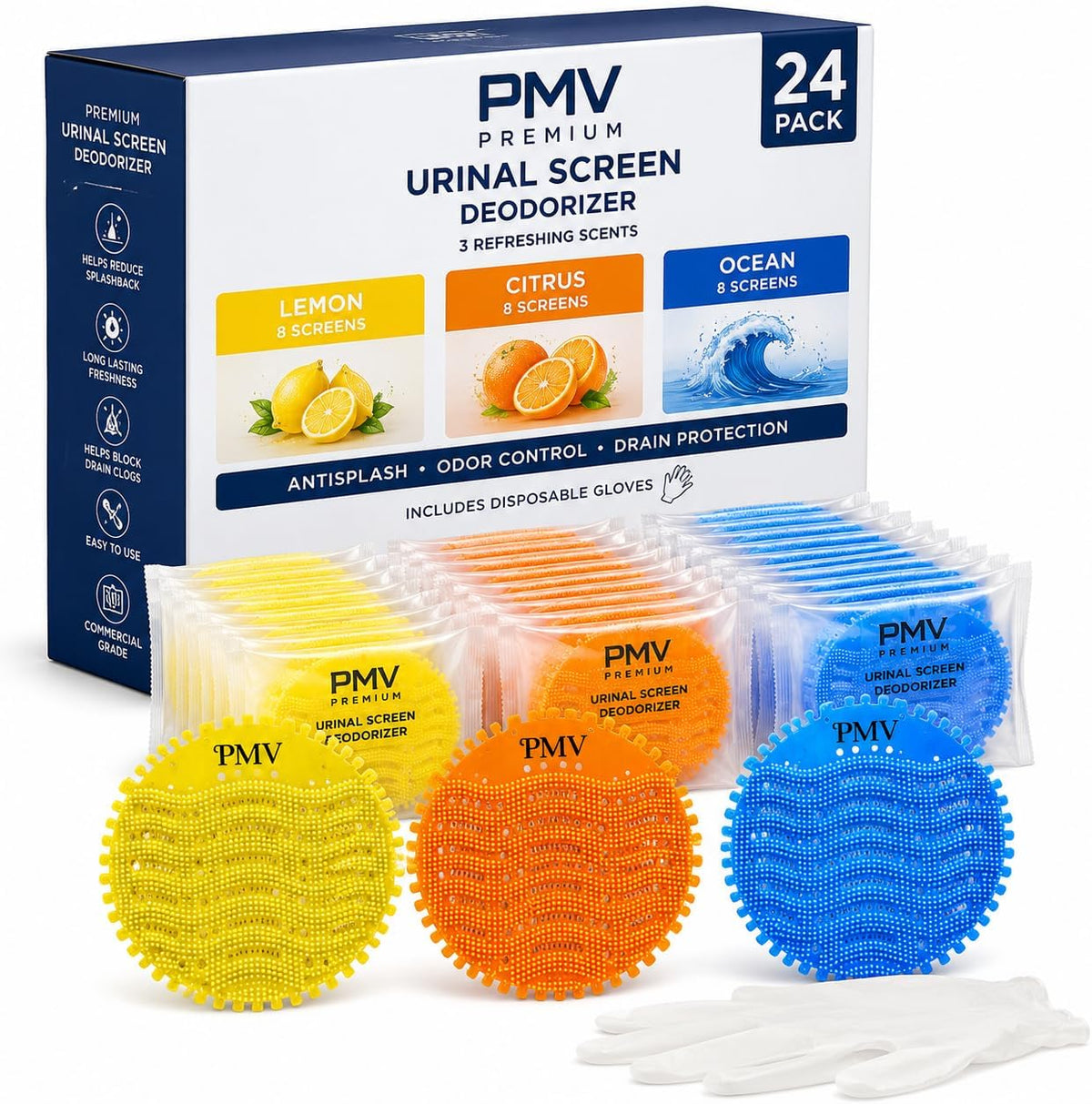 PMV Desodorizador de pantalla urinaria, paquete de 24 pantallas de orina antisalpicaduras con 24 guantes desechables, 3 aromas frescos, control de olores de larga duración para baños, oficinas
