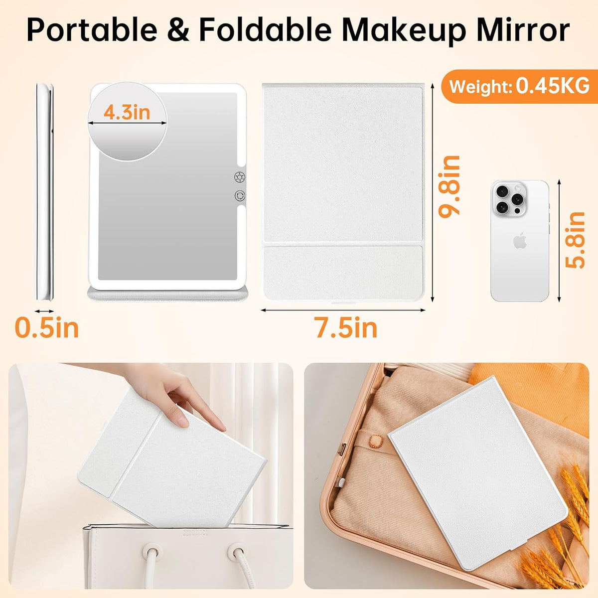 FUNTOUCH 2500mAh Espejo de maquillaje de viaje recargable grande con luz