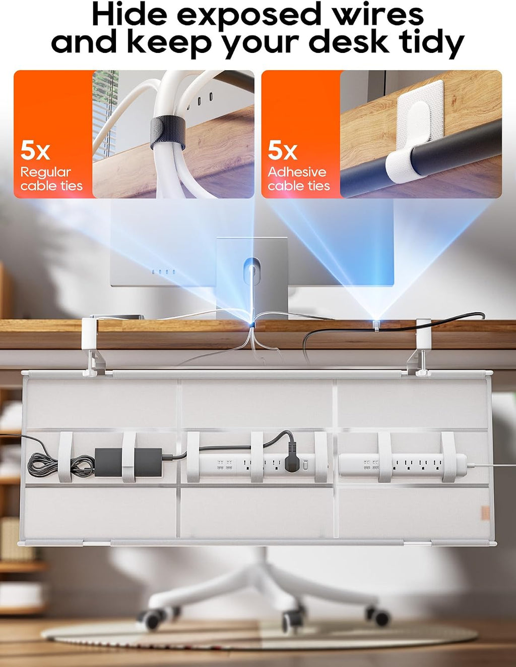 Bandeja de organización de cables para debajo del escritorio, sin taladro, bridas incluidas, material de lona ecológico, diseño de malla para disipación de calor, organizador de cables/almacenamiento