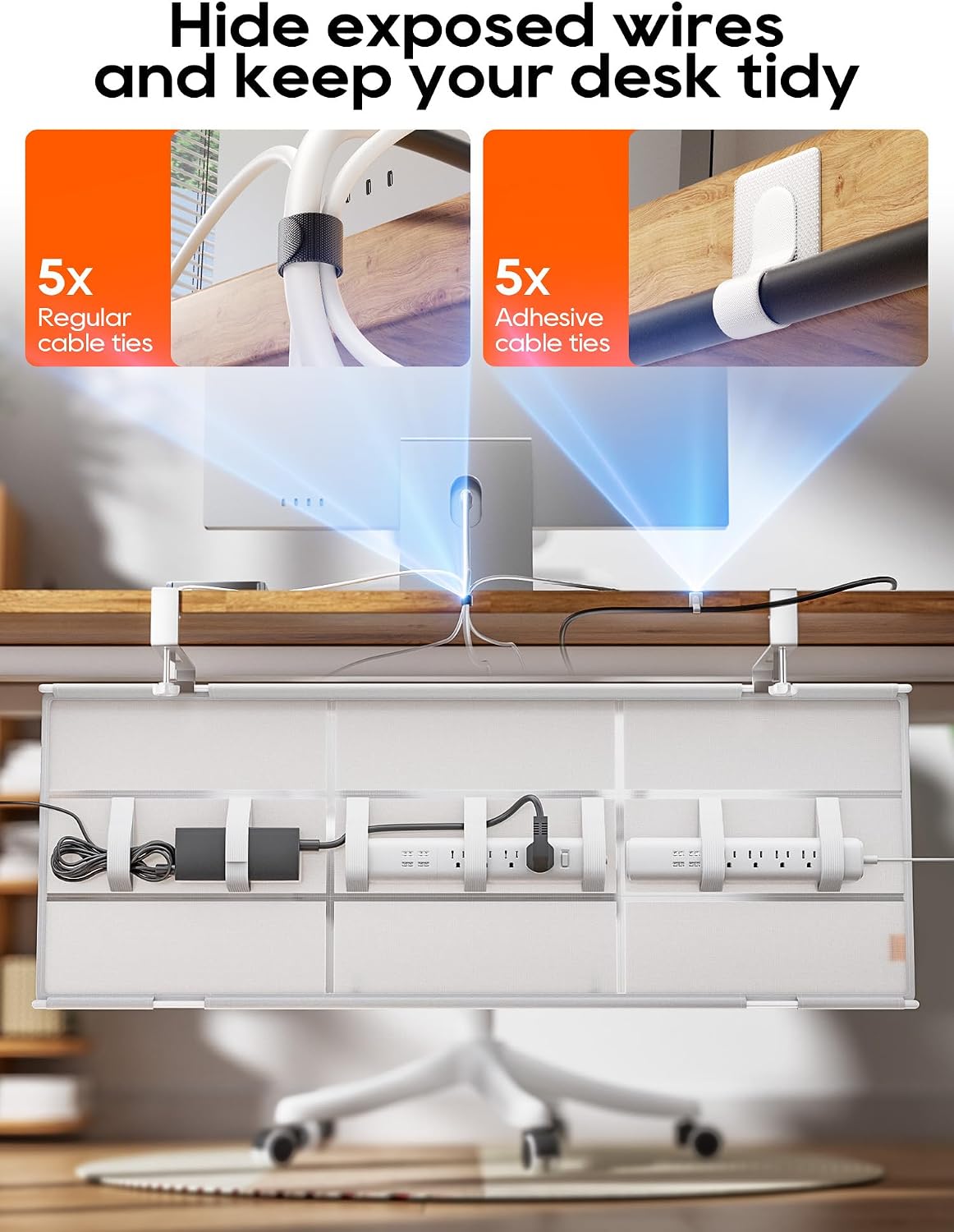 Bandeja de organización de cables para debajo del escritorio, sin taladro, bridas incluidas, material de lona ecológico, diseño de malla para disipación de calor, organizador de cables/almacenamiento