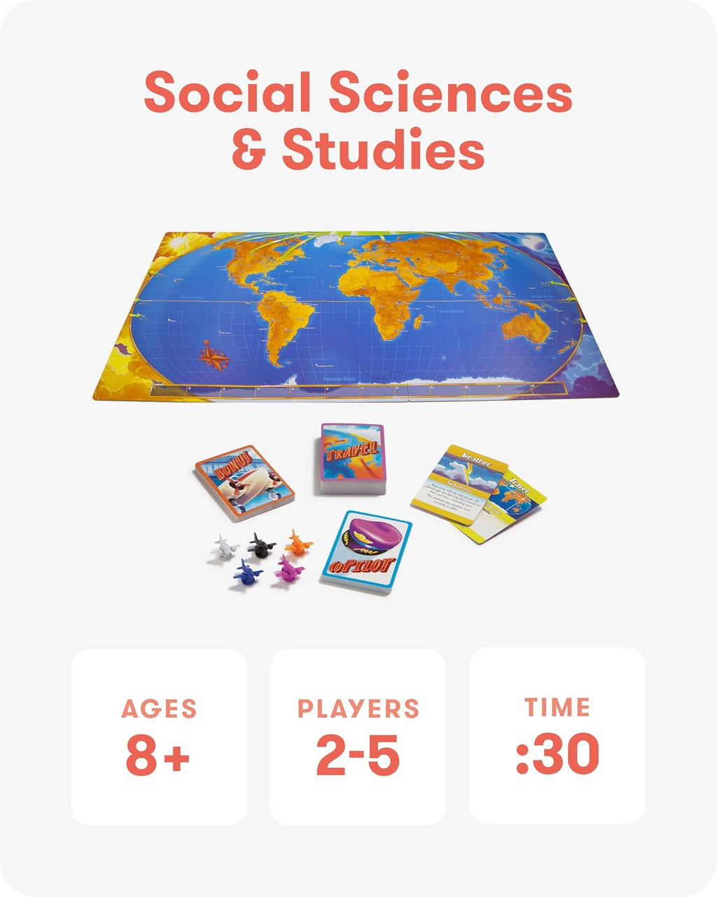 SimplyFun Let's Jet World Geography - Juego de mesa educativo para niños a partir de 8 años, juego de viaje mundial con mapa, tarjetas y peones de jet