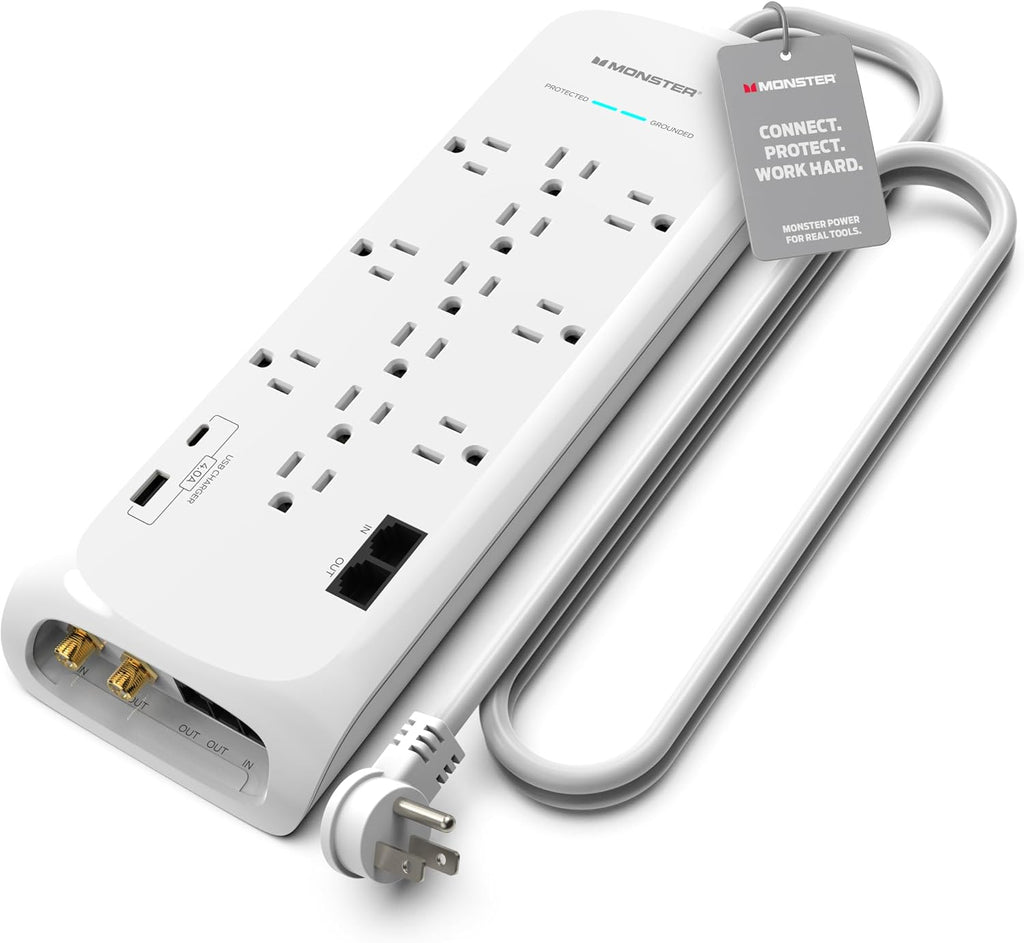 Monster Power Surge Protector w/ 4050 Joule Rating — Heavy Duty 6 FT Surge Protector Power Strip w/ 12 Outlets, 2 USB, 2 Coax, 2 Ethernet puertos — Fireproof MOV, Dual Mode, Clean Tech (blanco)
