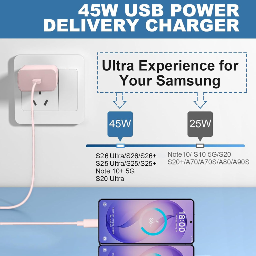 Cargador súper rápido USB-C de 45 W, bloque de carga de teléfono Android tipo C para Samsung Galaxy S26 S25 S24 S23 Ultra/S26 S25 S24 S23 S22 S21 S20/Note 10/20, cargador PPS con cable de 6.6 pies