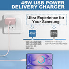 Cargador súper rápido USB-C de 45 W, bloque de carga de teléfono Android tipo C para Samsung Galaxy S26 S25 S24 S23 Ultra/S26 S25 S24 S23 S22 S21 S20/Note 10/20, cargador PPS con cable de 6.6 pies