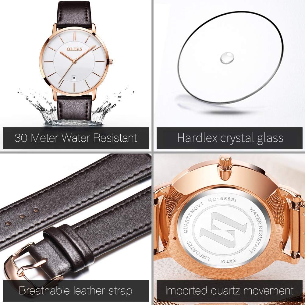 OLEVS Relojes de Hombre de Cuero Negro Ultrafinos 6.5 mm Minimalista Vestir Simple Moda Casual Resistente al Agua con Fecha