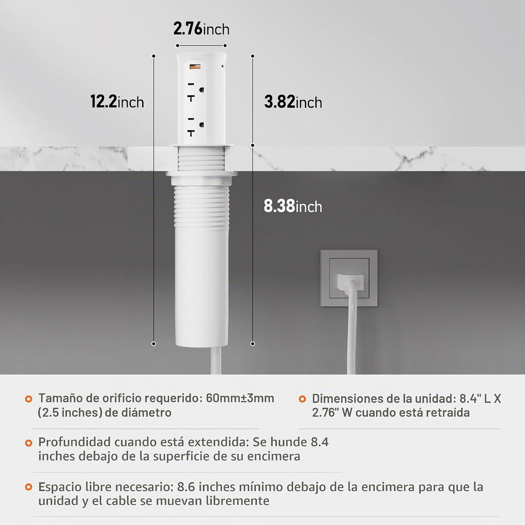 Toma de corriente desplegable de 20 A para encimera, tira de alimentación empotrada con agujero de 2.5 pulgadas, receptáculo resistente a manipulaciones, USB C de 20 W, 4 tomas, ahorro de espacio para cocina, escritorio de oficina, cable de extensión de 1