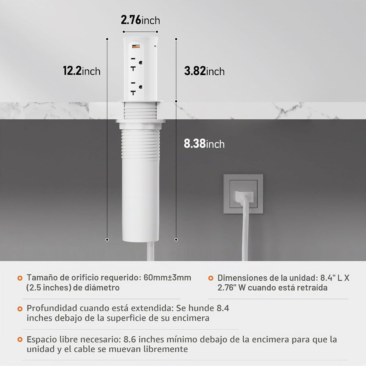 Toma de corriente desplegable de 20 A para encimera, tira de alimentación empotrada con agujero de 2.5 pulgadas, receptáculo resistente a manipulaciones, USB C de 20 W, 4 tomas, ahorro de espacio para cocina, escritorio de oficina, cable de extensión de 1