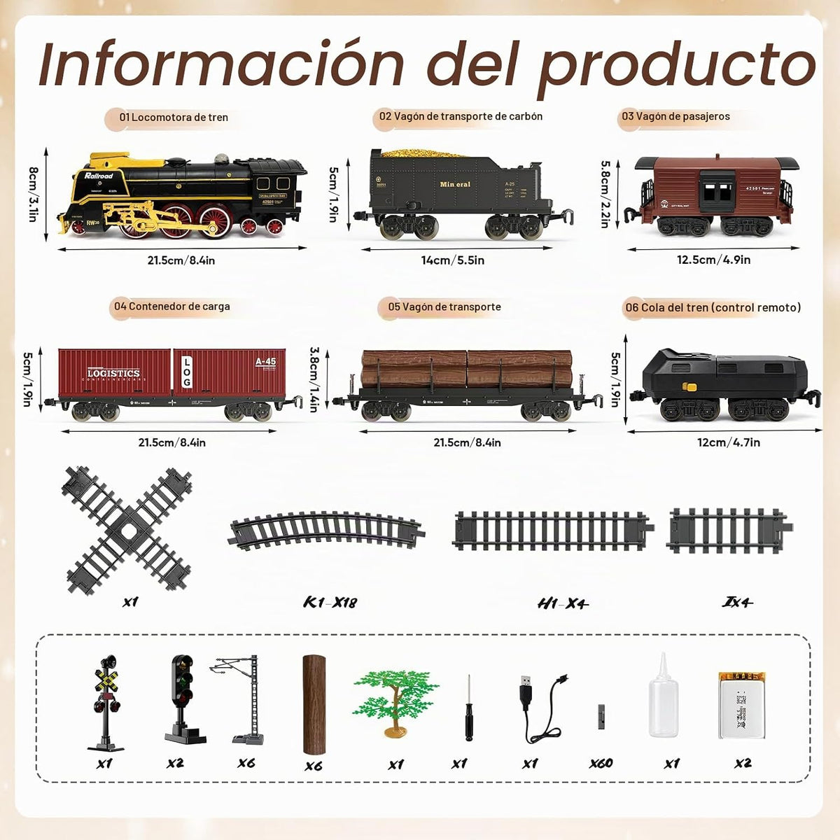 Juego de tren eléctrico con control remoto, humo, luces, sonido
