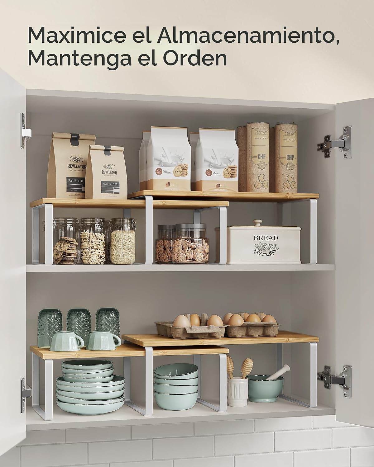 SONGMICS Estante Organizador de Gabinete, Juego de 2 Estantes de Encimera de Cocina, Almacenamiento de Cocina, Estante de Especias, Apilable, Expandible, Metal y Madera Diseñada, Blanco Nube y Beige