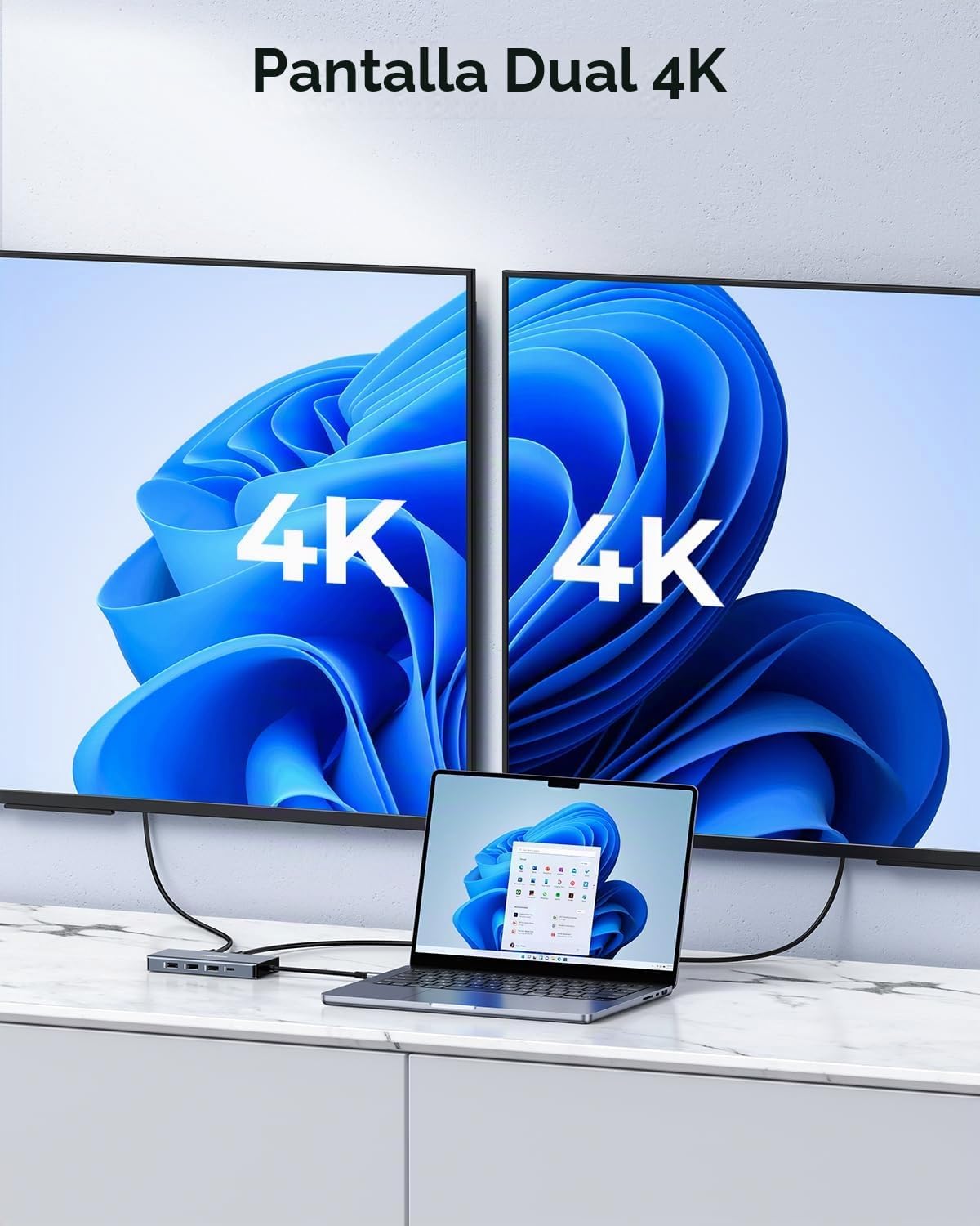Estación de acoplamiento USB C Adaptador de monitor dual, estación de acoplamiento para portátil 8 en 1, 3 monitores Pantalla cuádruple USB C Hub Dongle a 4K HDMI+DP+VGA