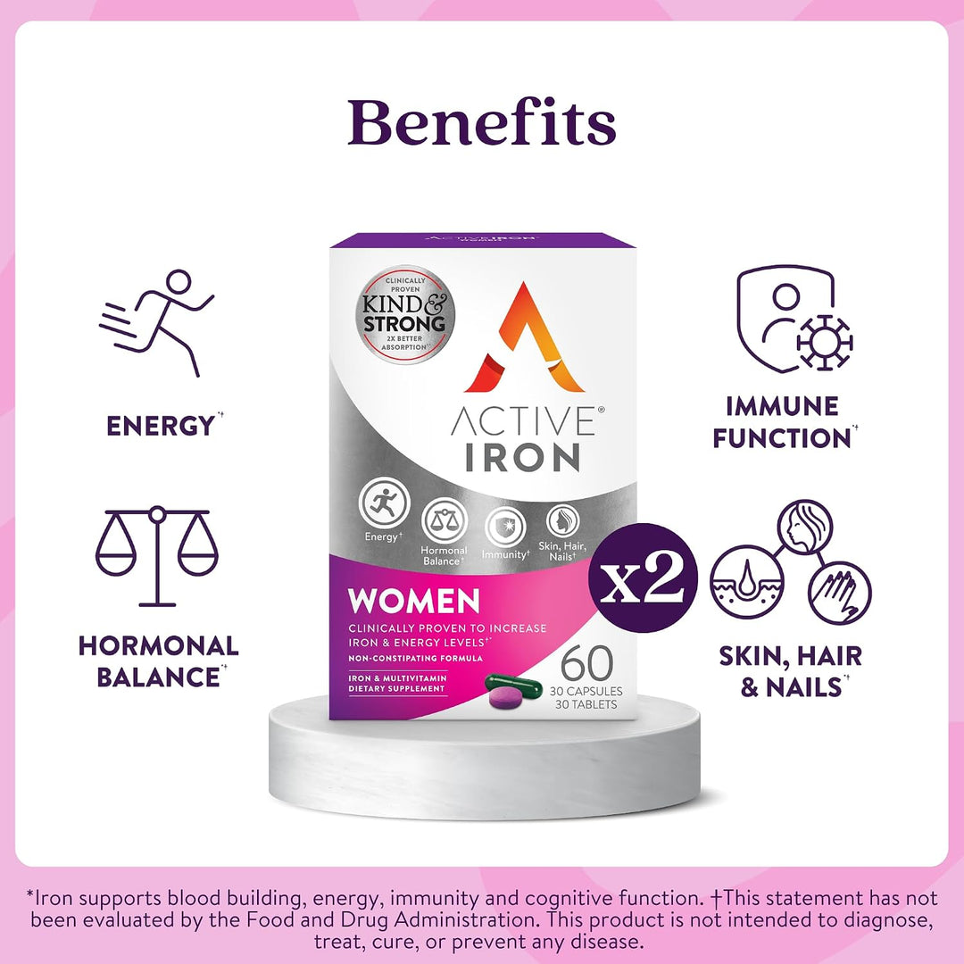 Suplemento de hierro activo de 25 mg + multivitamínico para mujeres...