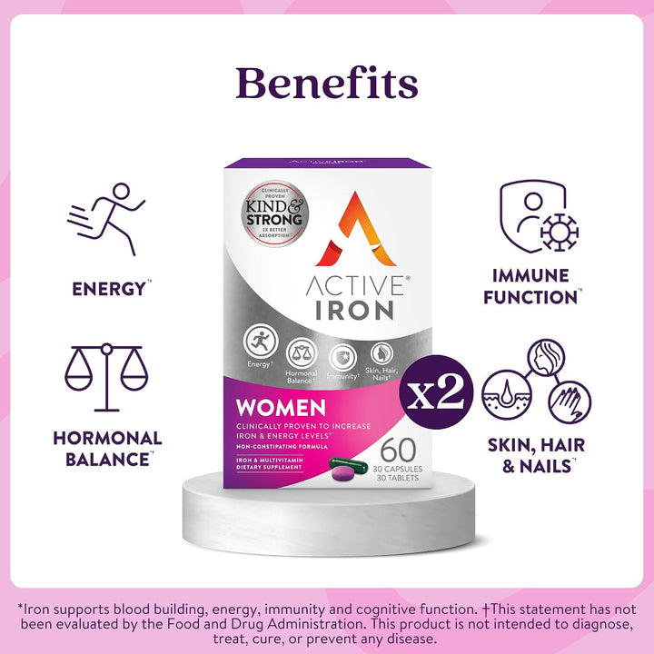Suplemento de hierro activo de 25 mg + multivitamínico para mujeres...