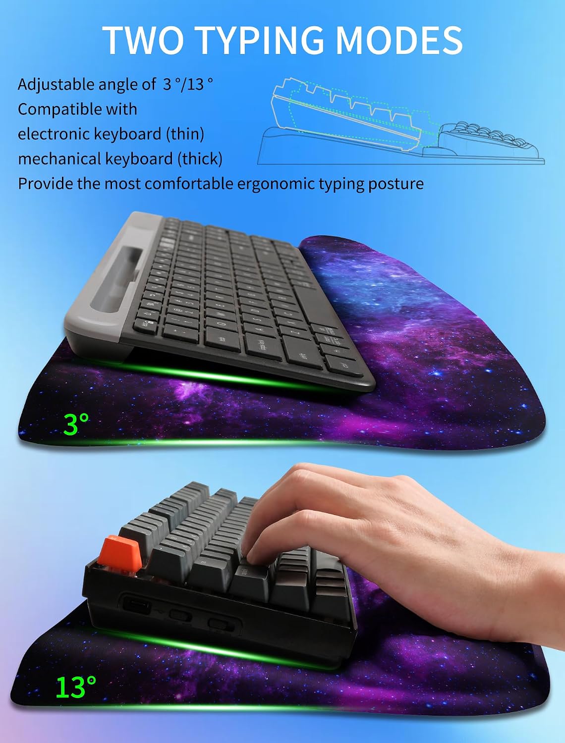 Reposamuñecas ergonómico con soporte para teclado, reposamanos acolchado, cómoda espuma viscoelástica integrada para escribir de forma natural y aliviar el dolor de muñeca, galaxia profunda